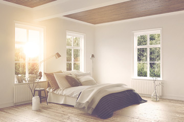 Bright warm sunlight in a modern bedroom