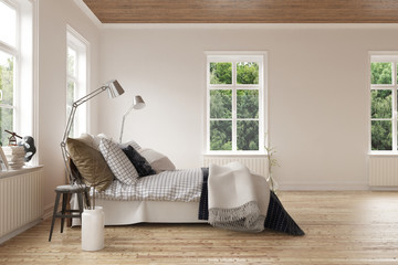 Modern light airy bedroom interior with windows