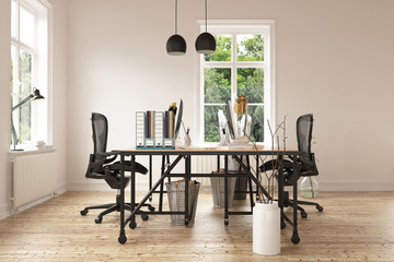 3D render of empty home office with hardwood floor