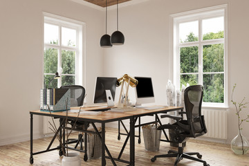 Cozy empty home office with hardwood floor