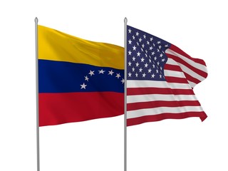 USA and Venezuela flags waving in the wind