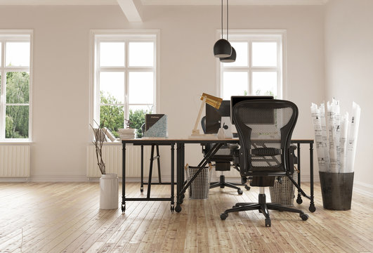 3D render of empty home office with hardwood floor