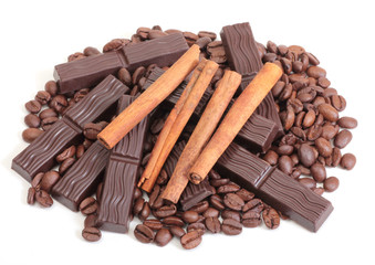 Coffee beans and chocolate on a white background