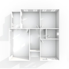 3d interior rendering plan view of empty paper model home apartment: room, bathroom, bedroom, kitchen, living-room, hall, entrance, door, window, 