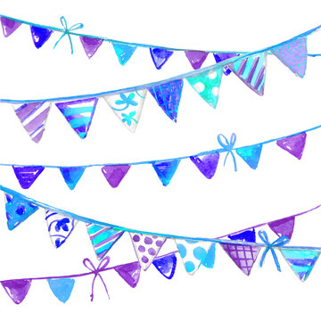 Party flags blue colorful watercolor garlands