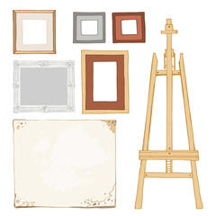 Set of vector hand drawn vintage frames, easel on white