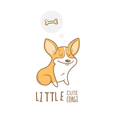 Card with cute cartoon dog breed Welsh Corgi Pembroke and bone. Children's illustration. Little puppy. Funny baby animal. Vector image.