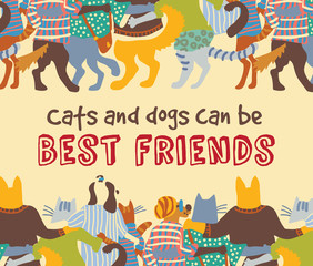 Cats and dogs pets friends hugs frame border card sign.