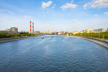 Beautiful summer Moscow landscape, view from the Berezhkovsky bridge on Moscow river and embankments