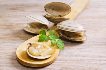 seafood, clams on wooden background