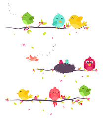 Colorful birds sitting on branches 