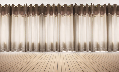 Wooden floor and white wall with curtains, interior empty space
