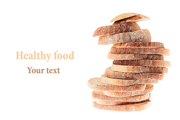 Pile of slices of  white bread with a crispy crust on a white background.  Isolated. Concept art. Food background.