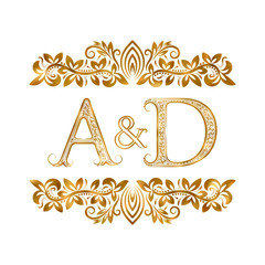 A&D vintage initials logo symbol. Letters A, D, ampersand surrounded floral ornament. Wedding or business partners initials monogram in royal style.