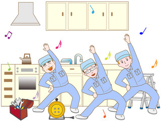 キッチンの工事をしている作業員のチームワーク