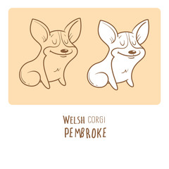 Obraz na płótnie Canvas Card with cute cartoon dog breed Welsh Corgi Pembroke. Children's illustration. Little puppy. Funny baby animal. Vector image. Two variants contour image, transparent background and white fill.