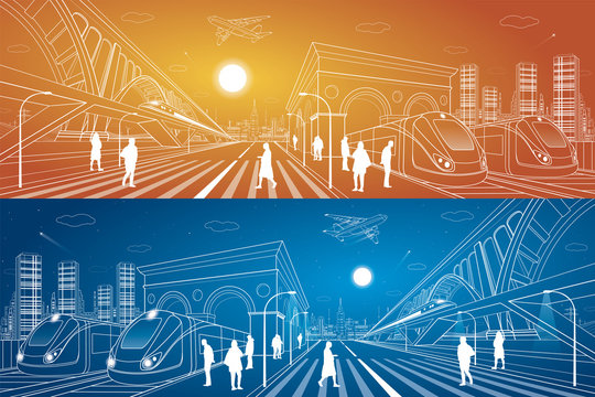 Railway station, big bridge, train move on the bridge, people waiting for the train on square, industrial and transport panorama, metro, city road, airplane fly, vector design art