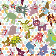 Naklejka premium Polka dot background, seamless pattern. Funny cute dinosaur monsters. Vector