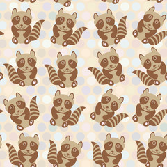 Polka dot background, pattern. Funny cute raccoon on dot background. Vector