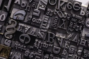 Metal Letterpress Types.
A background from many historic typographical letters in black and white...