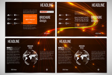 Set of tri-fold brochure design template on both sides with world globe element. Abstract lines background, dynamic glowing decoration, motion , energy style vector illustration