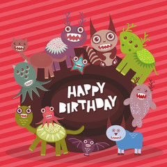 Happy birthday Funny monsters party card design on pink striped background. Vector