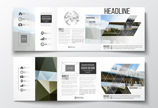 Vector set of tri-fold brochures, square design templates. Colorful polygonal background, blurred image, urban scene, modern stylish triangular texture.