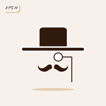 Vector illustration showing gentleman with a mustache, wearing a hat and a monocle. Sign and symbol