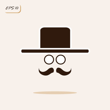 Vector illustration showing gentleman with a mustache, wearing a hat and glasses. Sign and symbol