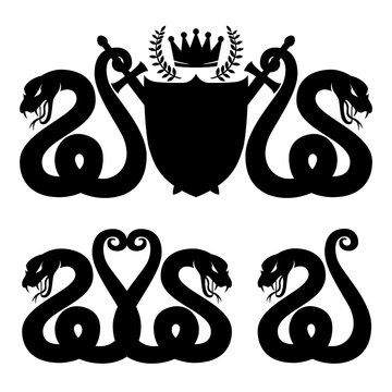 Snake with sword, shield and crown over them.