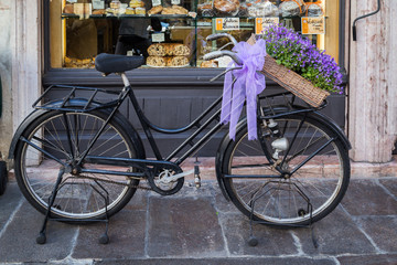 Fototapeta na wymiar Black old bicycle decorated with purple flower basket and a gift wrap, infront of a backery in Bassano del Grappa, Italy