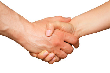Man and woman shaking hands, isolated on white