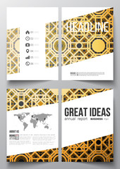 Set of business templates for brochure, magazine, flyer, booklet or annual report. Islamic gold pattern with overlapping geometric square shapes forming abstract ornament. Vector stylish golden