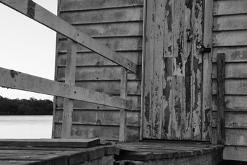Maroochy River Boat House in the late afternoon in Maroochydore, Sunshine Coast. Black and White image.