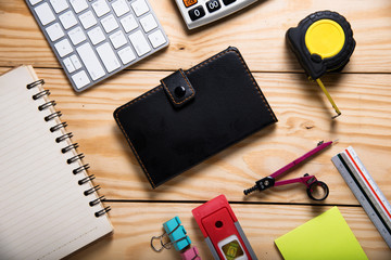 engineering objects on wooden table. top view