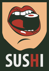 Japanese food with human mouth eating sushi in a retro style