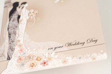 White creamy wedding card invitation vintage design floral bride dress romantic template  isolated