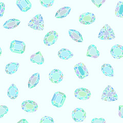 Diamond cut shapes. Blue and green. Seamless pattern. Heart, drop, emerald, oval, round shapes. Abstract hand drawn pattern with gemstones. Light background. For decoration or printing on fabric.