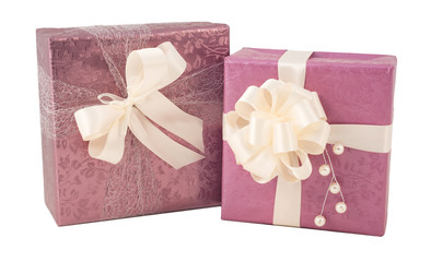 Purple pink paper wrap white creamy ribbon bow gift box present christmas birthday wedding elegance isolated
