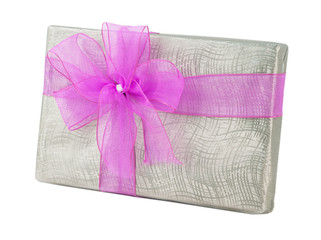 Silver paper wrap purple ribbon bow gift box present christmas birthday wedding elegance isolated