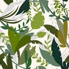 Naklejka premium Summer tropical jungle background with palm trees and leaves. Seamless pattern. Cartoon vector illustration