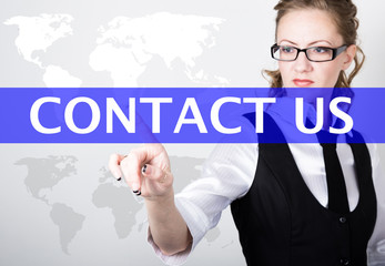 contact us written in search bar on virtual screen. Internet technologies in business and home. woman in business suit and tie, presses a finger on a virtual screen
