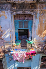 Laundry on the balcony of an old building in Havana, Cuba