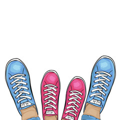 Summer trendy sports shoes. Feet in sports shoes sneakers. Loving couple in gym shoes. Vector - 113521112