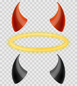 Angels halo and devils black red horns isolated on transparent checkered background. Vector set