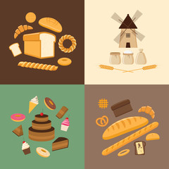 Set of different kinds of bread, sweet pastries and bakery products