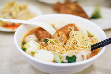 Noodle and dumpling close up in Hong Kong