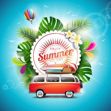 Vector Enjoy the Summer Holiday typographic illustration on white badge and floral background. Tropical plants, flower, travel van and air balloon.