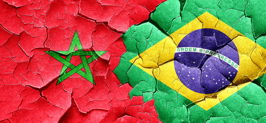 Morocco flag with Brazil flag on a grunge cracked wall