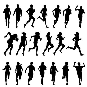 Set of silhouettes of running men, women, kids. Run, runner, sport